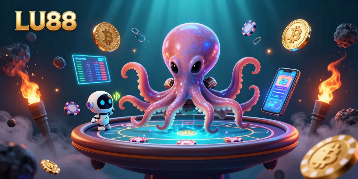 Engage with LU88's cosmic casino experience featuring a vibrant alien octopus at a poker table.