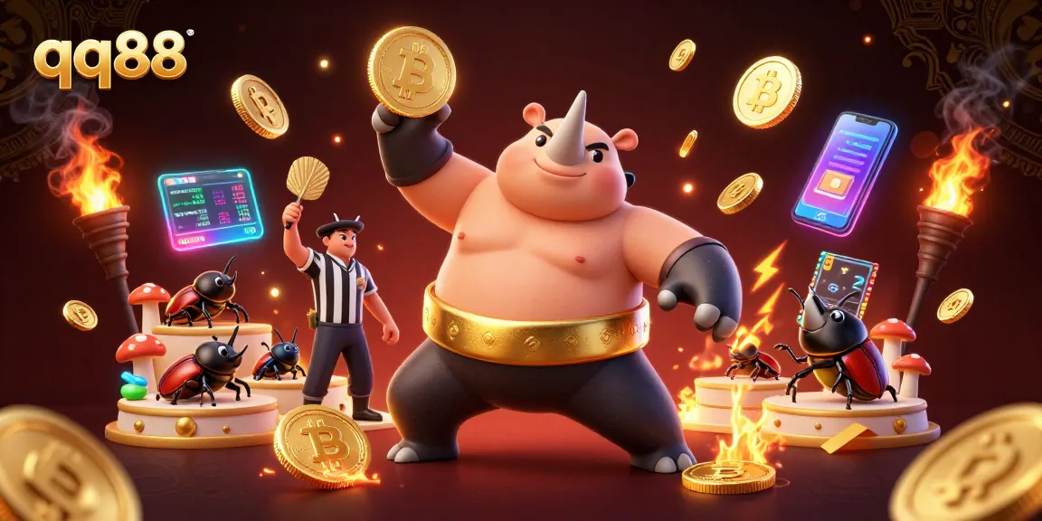 Experience exciting winnings with qq88 as a rhinoceros beetle champion stirs golden coins in a vibrant casino scene.