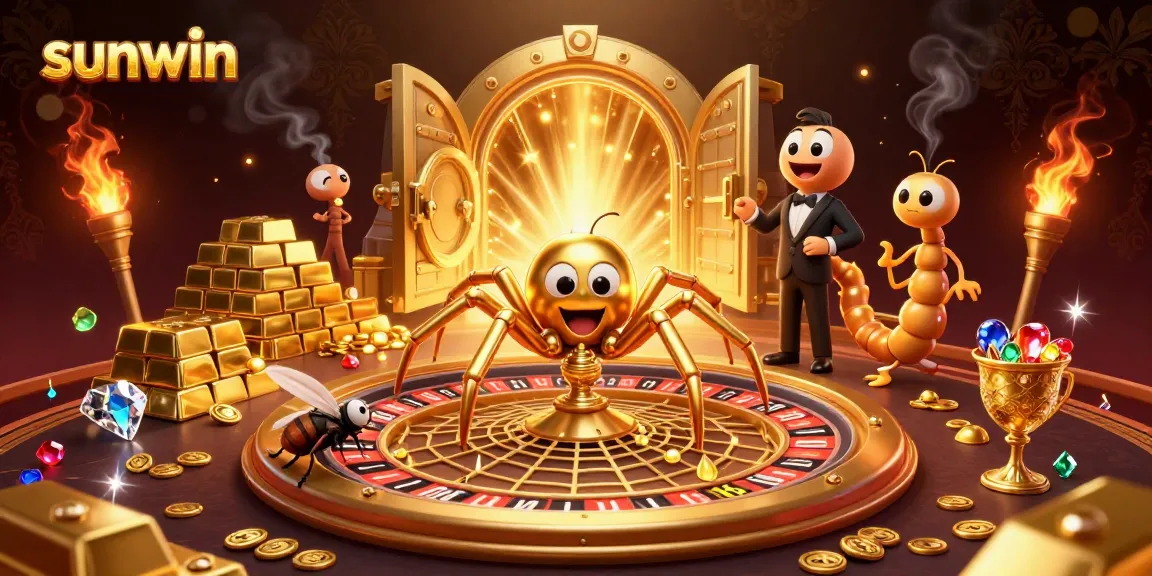 Engage with sunwin as a fly nervously places bets in a thrilling casino scene with a roulette wheel web.