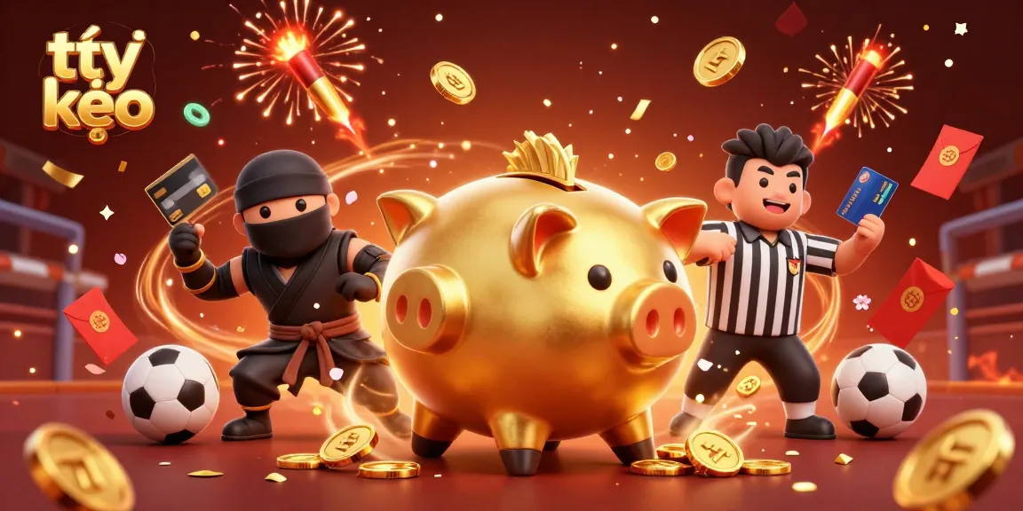 Experience the excitement of tỷ lệ kèo as a golden piggy bank sumo wrestler and ninja characters engage in a thrilling bank heist scene.