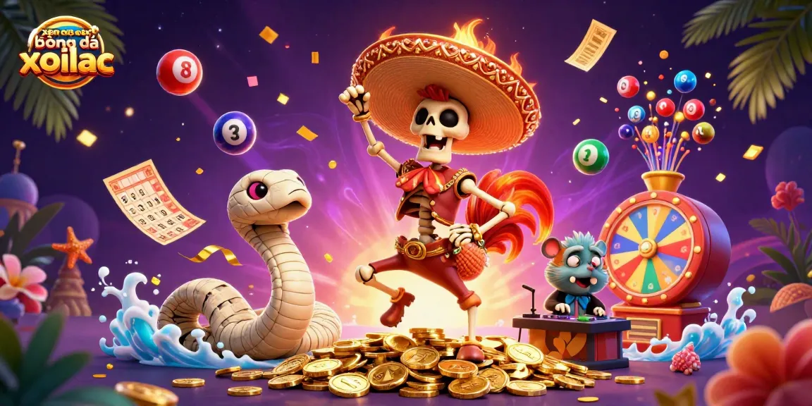 Experience xem trực tiếp bóng đá xoilac with vibrant characters celebrating around gold coins and lottery elements.