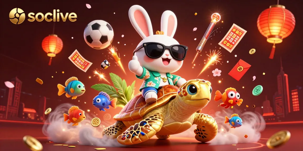 Socolive captivates with a vibrant scene of a lucky rabbit and golden turtle amidst a dynamic sports betting environment.