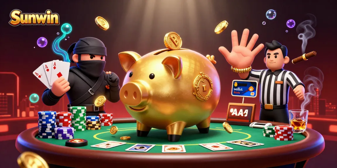 Sunwin showcases a dynamic gaming scene with a golden piggy bank sumo wrestler amidst poker chaos.