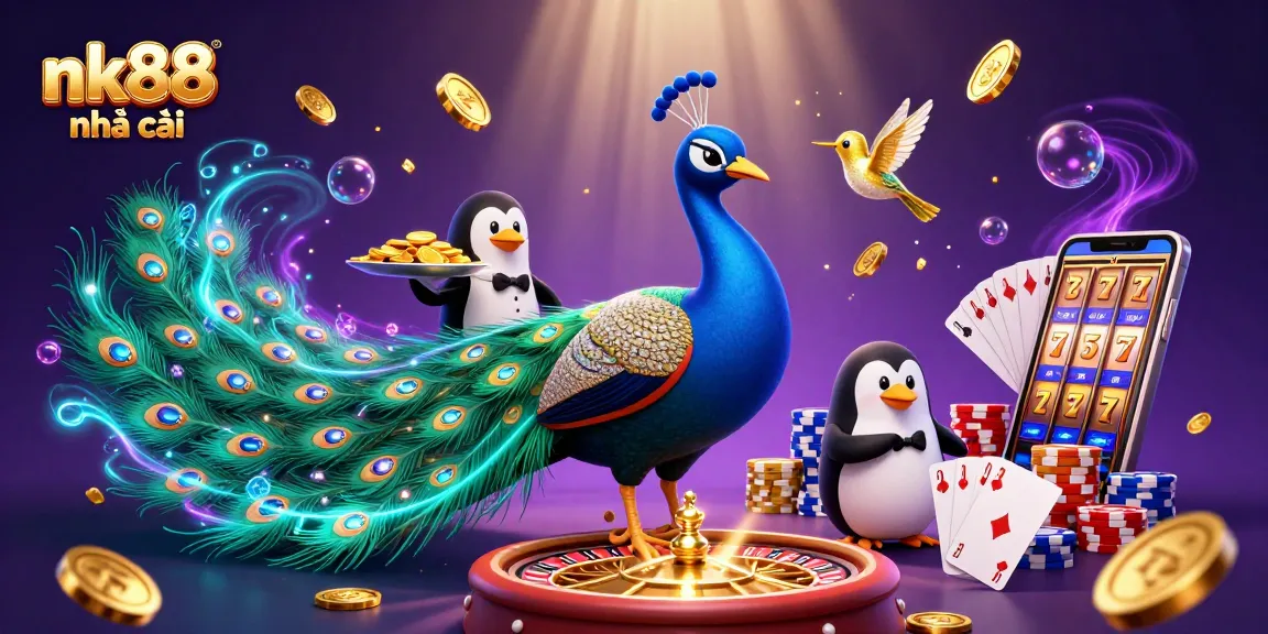Experience nk88 nhà cái with vibrant casino dynamics featuring a peacock, penguin, and hummingbird.