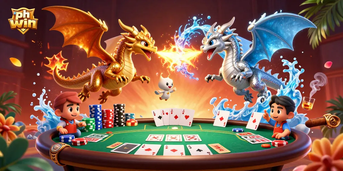 Experience the thrill of ph win with intertwined dragons and poker action in a dynamic casino illustration.
