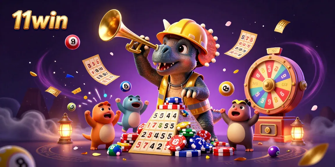 11win celebrates casino excitement with a triceratops building poker chips under vivid lights and confetti.