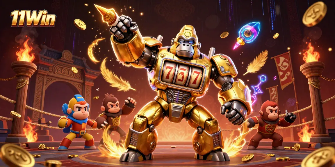 Spin the reels at 11Win in this vibrant 3D casino illustration filled with excitement and dynamic action.