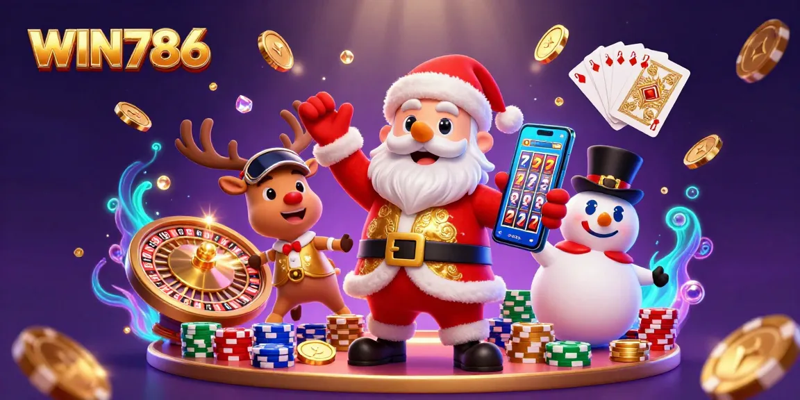 WIN786 Santa Claus holding jackpot slots, surrounded by dynamic casino elements.