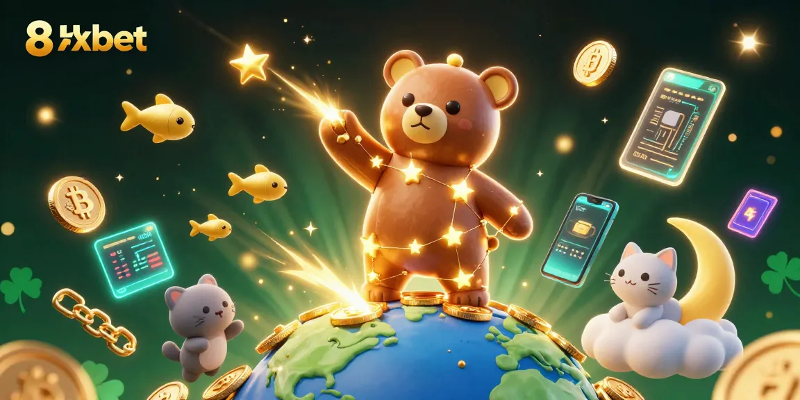 Experience thrilling wins at 8xbet with a vibrant casino-themed illustration featuring a constellation bear.