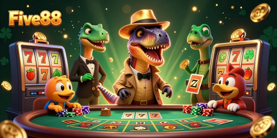 Experience Five88's thrilling casino action with a dramatic cartoon depiction of unique characters at the blackjack table.