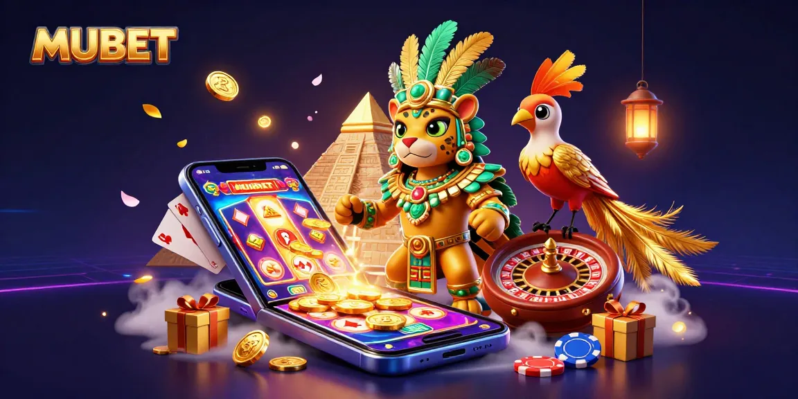 Engage with MUBET's vibrant online slots in this dynamic casino-themed illustration