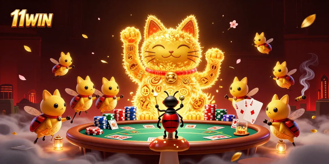Experience thrilling gameplay with 11WIN, a delightful lucky cat illustration amidst vibrant casino symbols.