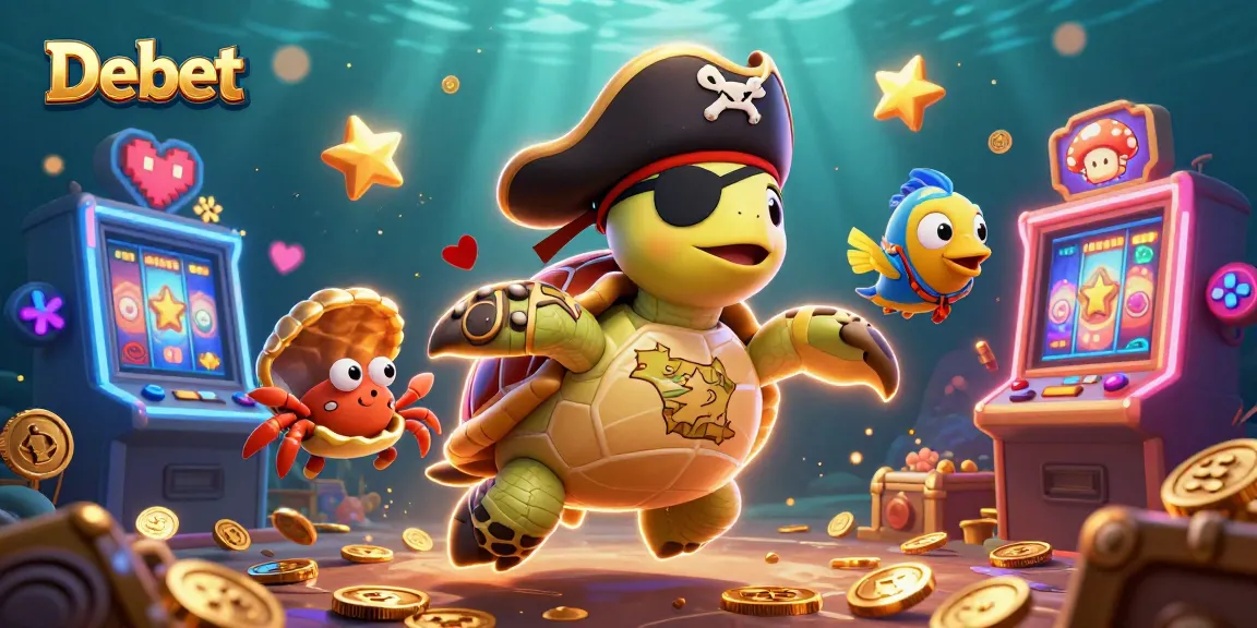 Engage with Debet's vibrant casino adventure featuring a pirate turtle leading the fun amid slot machines.