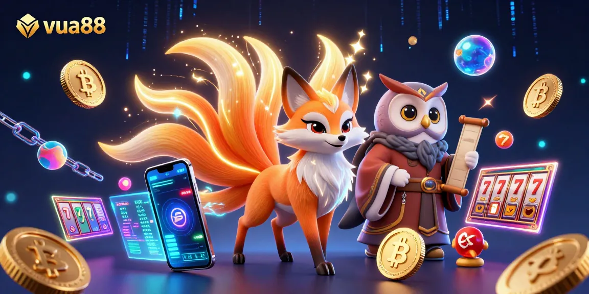 Experience the vibrant world of vua88 with a mystical fox spirit and wise owl sage amid a dynamic casino scene.