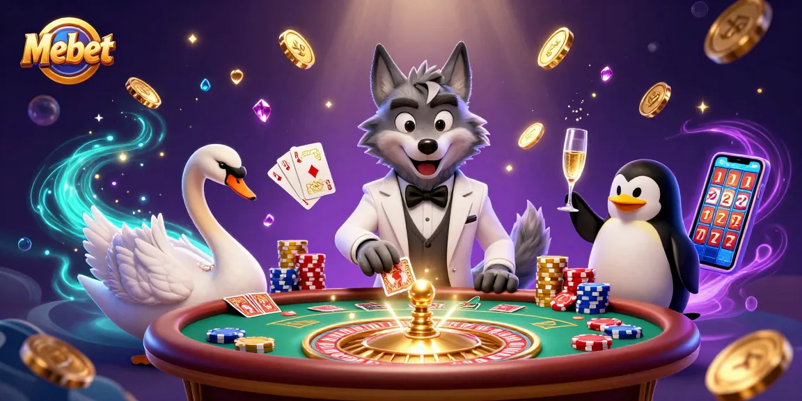 Mebet showcases thrilling casino action with a debonair wolf, elegant swan, and sophisticated penguin among glittering gold coins.