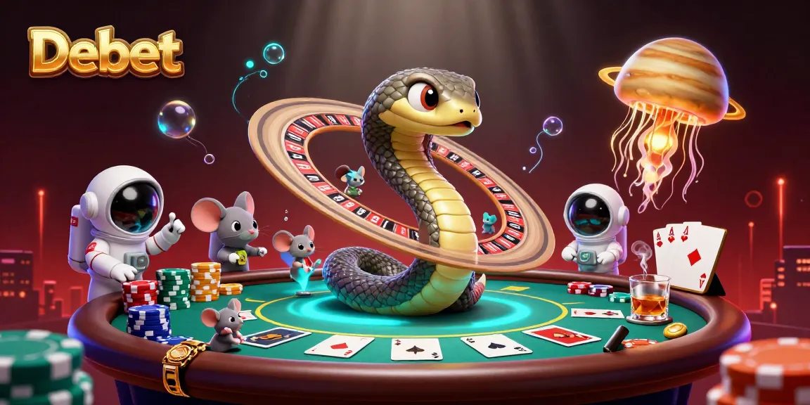 Place your bets with Debet in this vibrant cosmic casino scene, featuring fun characters and iconic elements.