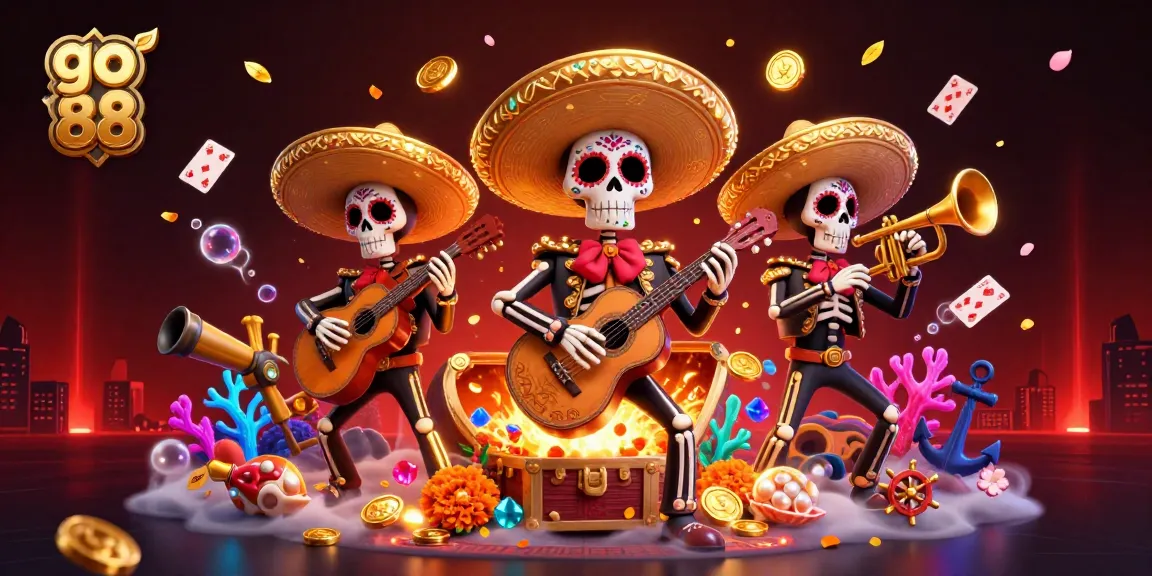 Join the excitement at go 88 with a vibrant illustration featuring skeletons celebrating casino gaming amid treasure and colorful elements.