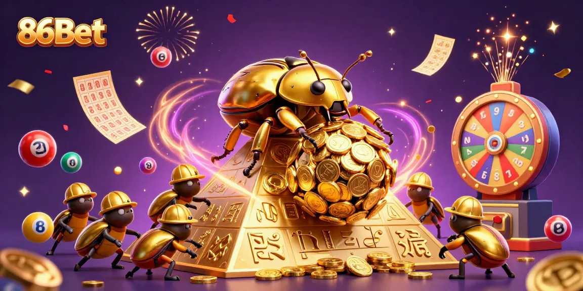 Engage with 86Bet’s thrilling casino action as golden characters roll treasures amidst vibrant gaming elements.