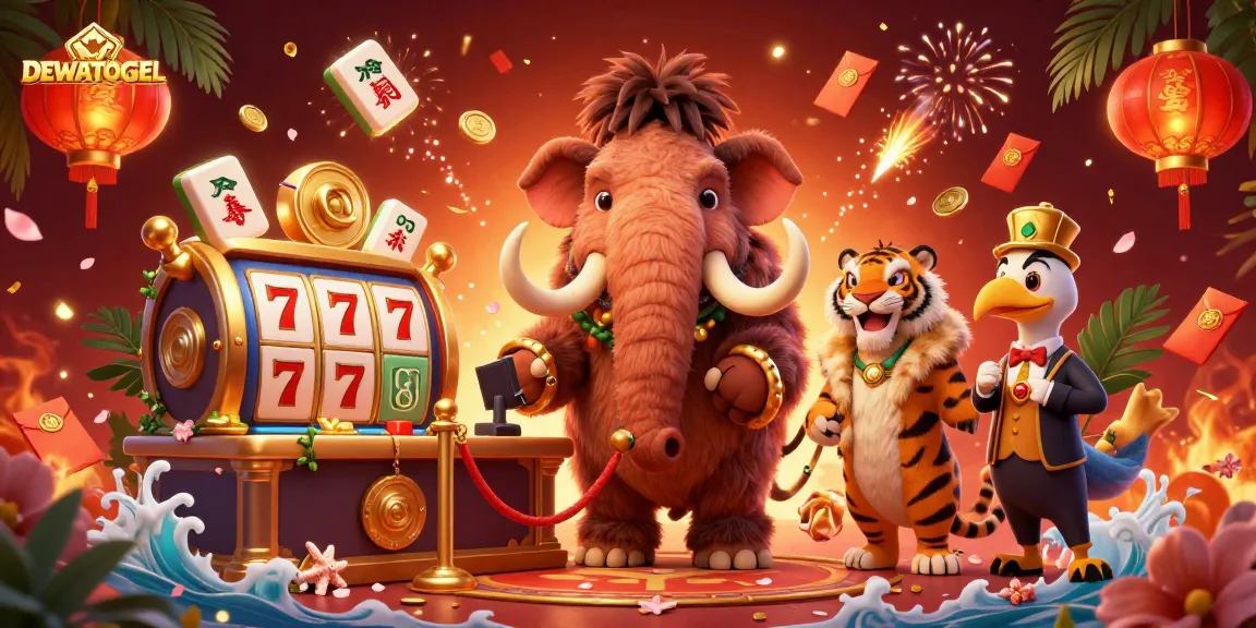 Experience gaming excitement at DEWATOGEL with vibrant characters and lucky symbols celebrating casino fun.