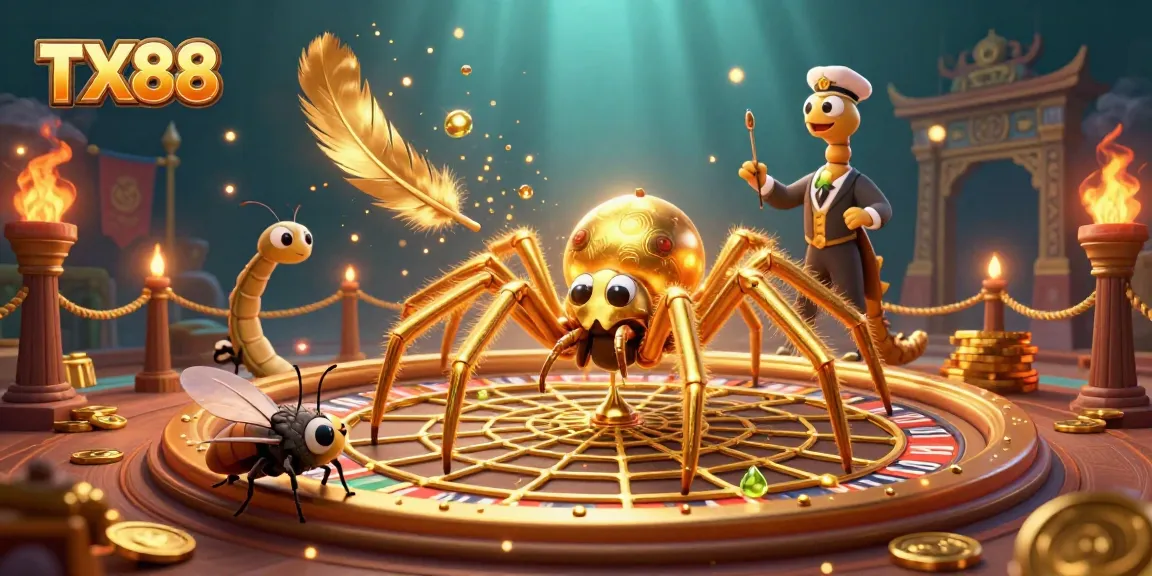 Bet on TX88 with a cartoon spider creating a roulette wheel, surrounded by vibrant casino elements.