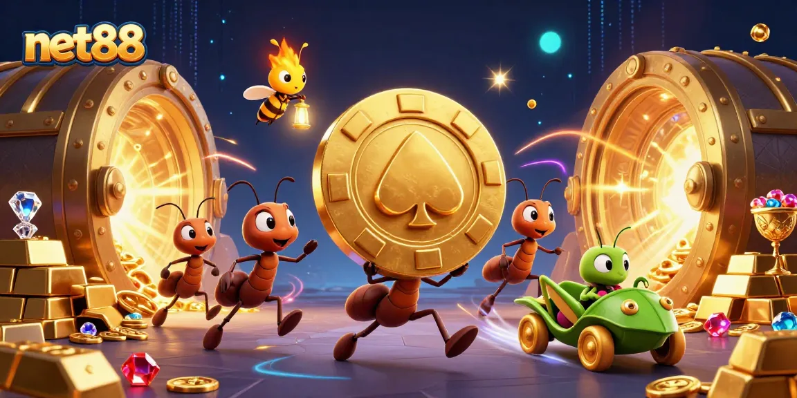 Engaging net88 scene where cartoon ants execute a high-stakes poker heist amid treasure and energy