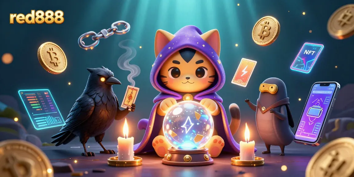 Experience the magic of red888 with mystical characters and crypto elements in a vibrant casino-themed illustration.