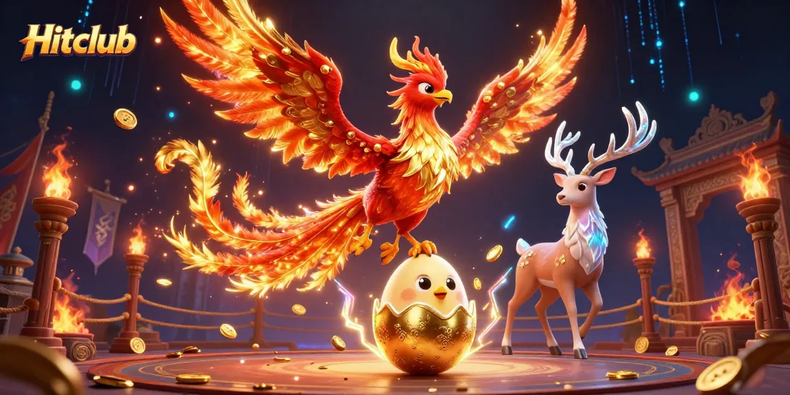 Hitclub players enjoy dynamic action with fire phoenix and baby chick in vibrant casino scene.
