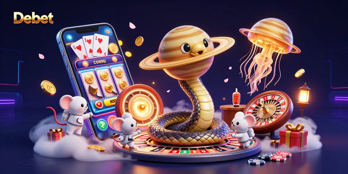 Debet showcases a vibrant illustration with colorful elements including a Saturn ring snake and excited astronaut mice betting.