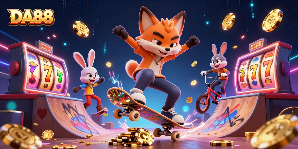 Experience DA88's vibrant gaming energy with an engaging 3D casino illustration showcasing thrilling action.