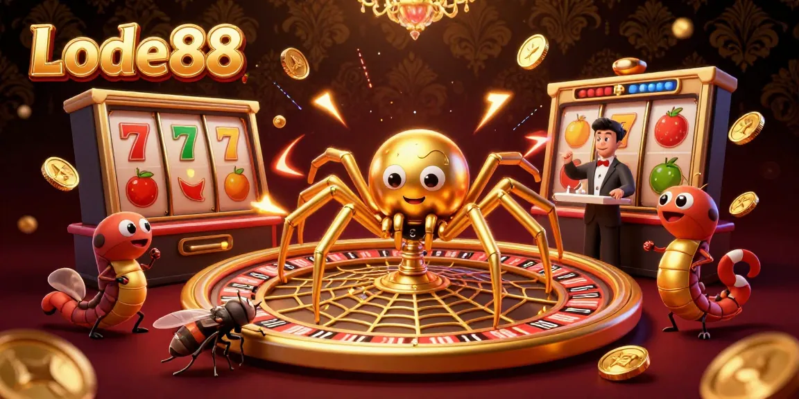 Lode88 features a golden spider spinning a roulette web, adding energy and excitement to the casino scene.