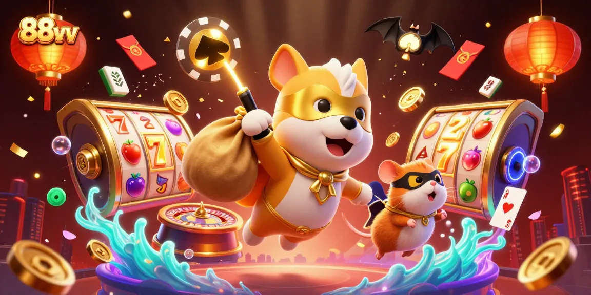 Engage in exciting luck with 88vv's vibrant 3D casino scene featuring cartoon characters and spinning slot reels