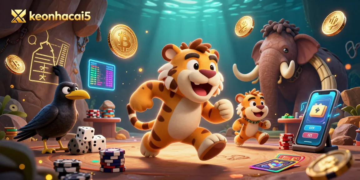 keonhacai5 showcases a vibrant prehistoric casino scene with engaging poker action and crypto elements.