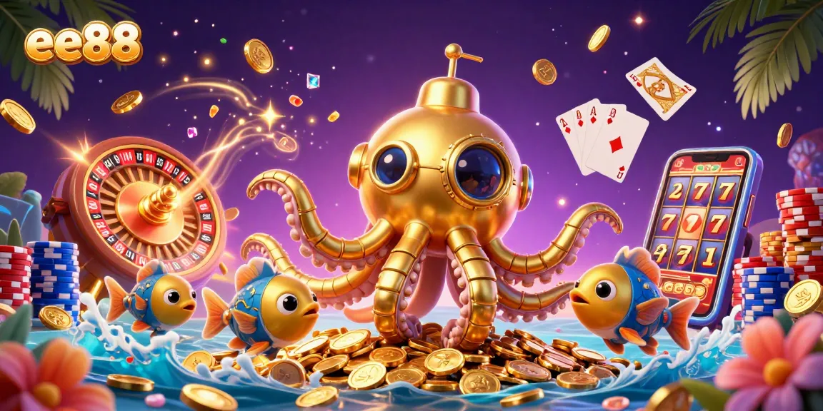 Experience thrilling gameplay at ee88 with a vibrant 3D illustration of a kraken submarine amid golden coins and poker elements.