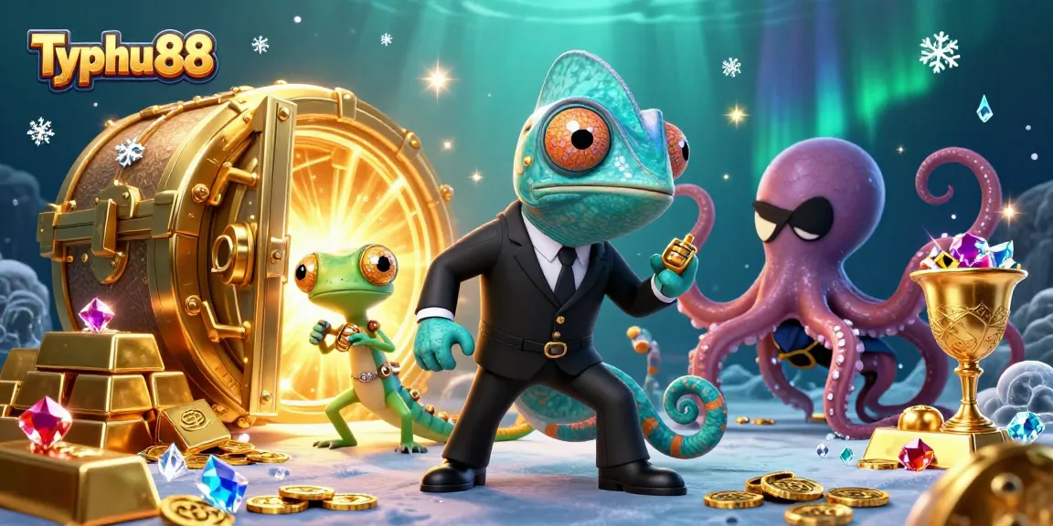 Experience the thrill of Typhu88 with lively casino characters in a vibrant treasure-filled scene.