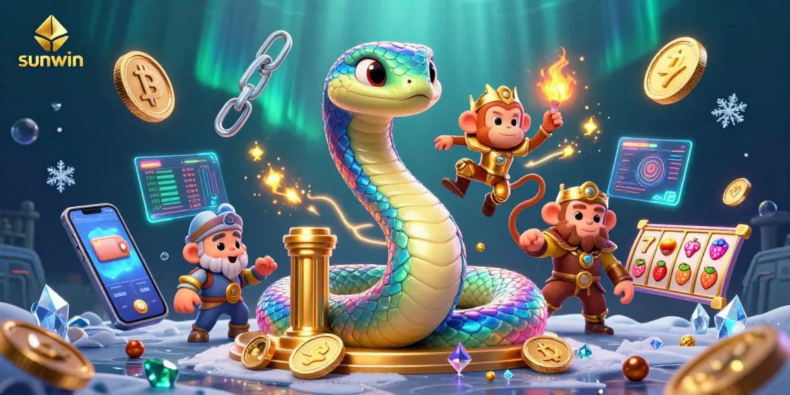 Engage with sunwin's dynamic gaming scene showcasing a vibrant serpent and monkey king amidst exciting slots.