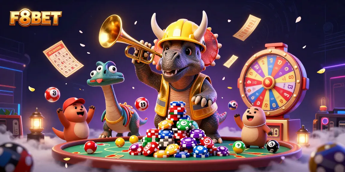 F8BET invites players to join a vibrant online casino experience with animated characters celebrating winning.